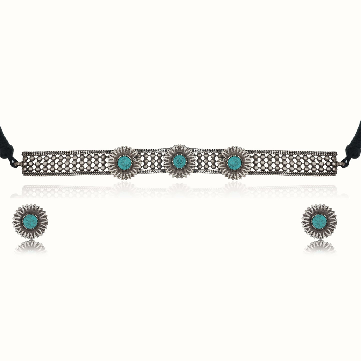 THIS OXIDIZED CHOKER SET. FEATURING INTRICATE DESIGNS AND AN ANTIQUE OXIDIZED FINISH,