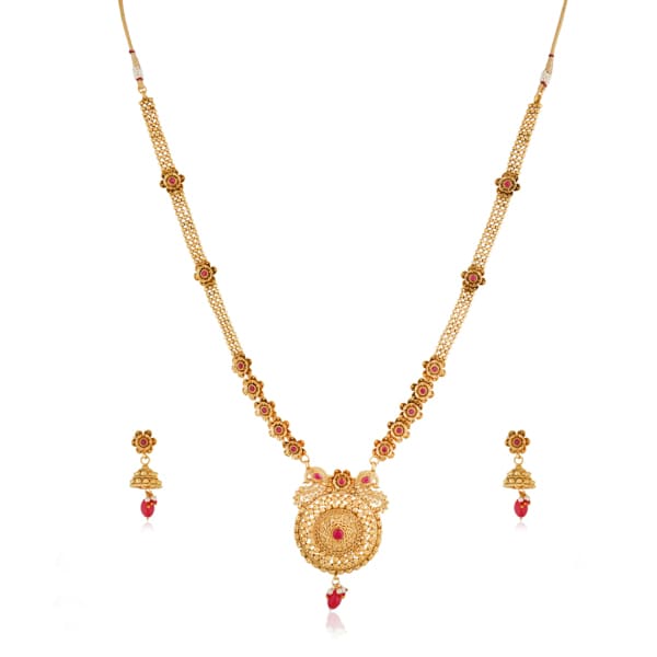 GOLD-TONE LONG NECKLACE SET WITH INTRICATE DETAILINGS WITH MATCHING EARRINGS