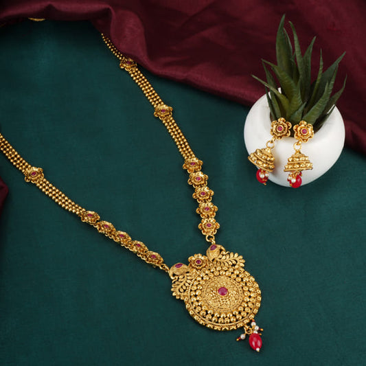 GOLD-TONE LONG NECKLACE SET WITH INTRICATE DETAILINGS WITH MATCHING EARRINGS