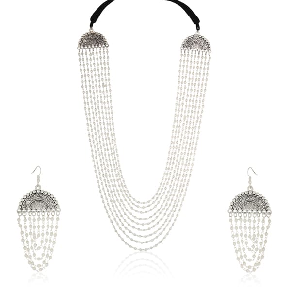 ADD ELEGANCE WITH THIS PEARLS STUDDED LAYERED DESIGN OXIDIZED LONG NECKLACE SET. WITH MATCHING EARRINGS