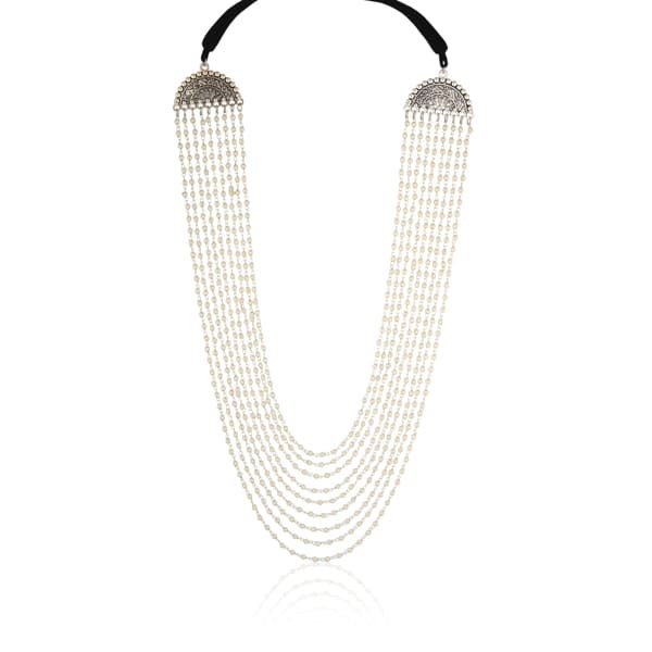 ADD ELEGANCE WITH THIS PEARLS STUDDED LAYERED DESIGN OXIDIZED LONG NECKLACE SET. WITH MATCHING EARRINGS