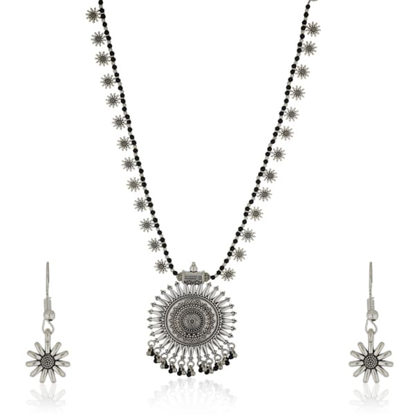 LORAL DESIGN STUDDED OXIDIZED LONG NECKLACE SET WITH MATCHING EARRINGS