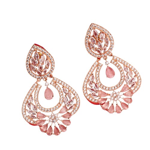 ZIRCON EARRINGS WITH ORCHID ZIRCON ON ROSE GOLD POLISH EXUDES A LUSH, ROMANTIC GLOW WITH REFINED ELEGANCE