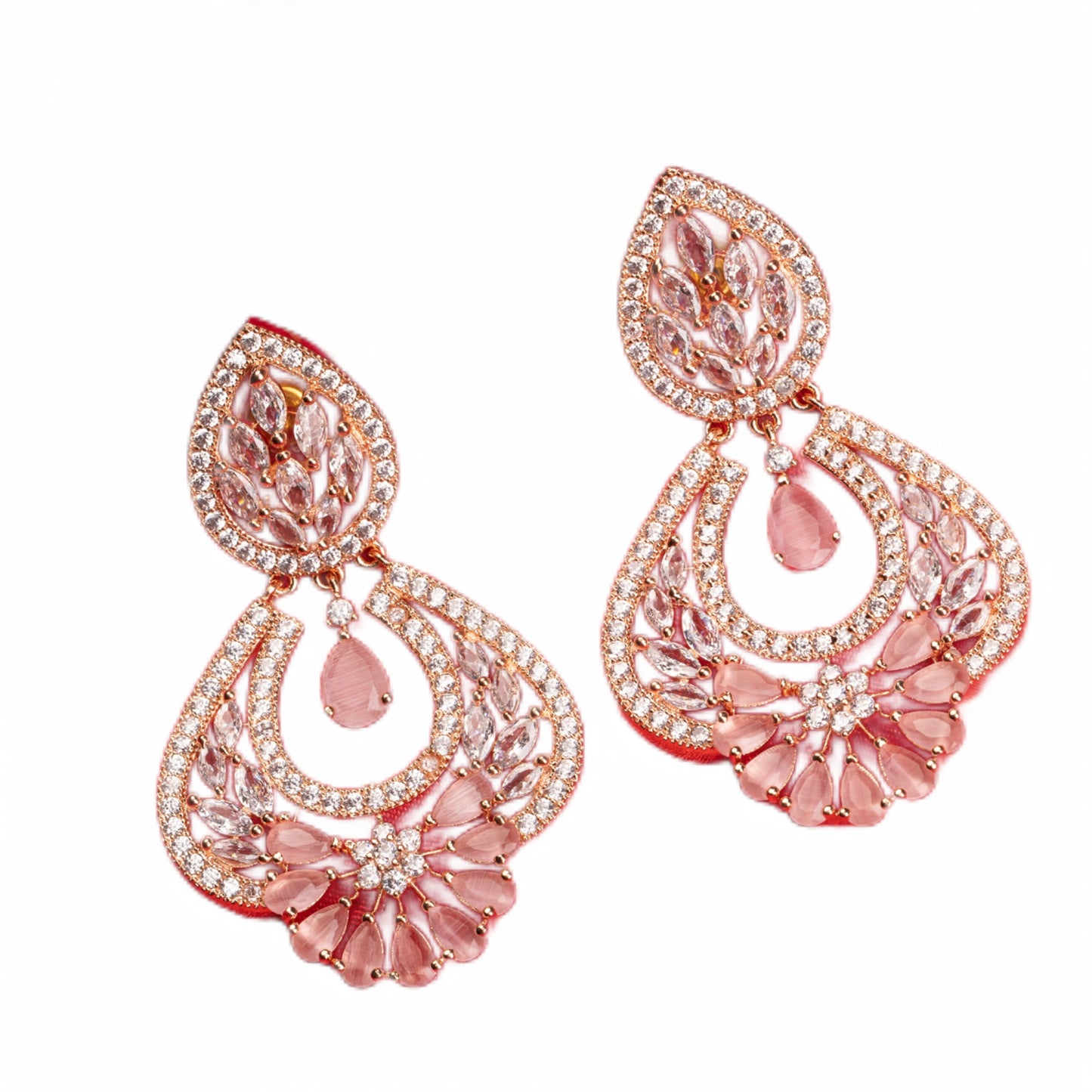 ZIRCON EARRINGS WITH ORCHID ZIRCON ON ROSE GOLD POLISH EXUDES A LUSH, ROMANTIC GLOW WITH REFINED ELEGANCE