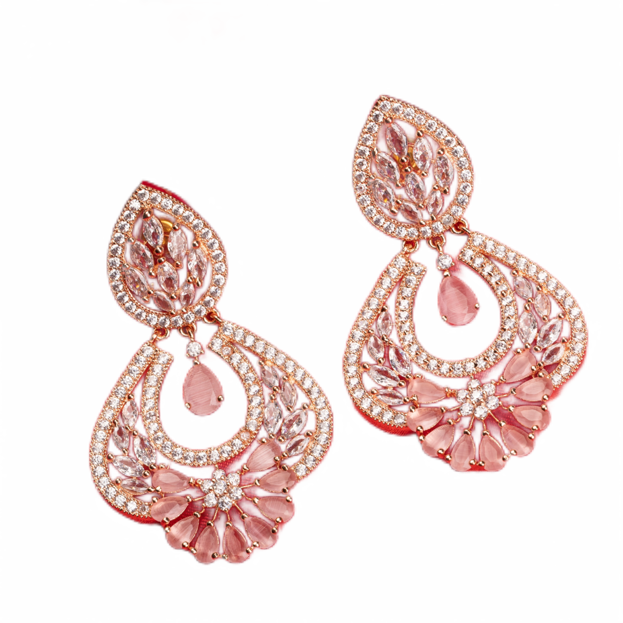 "Orchid zircon earrings with rose gold polish exude romantic elegance and a lush glow."
