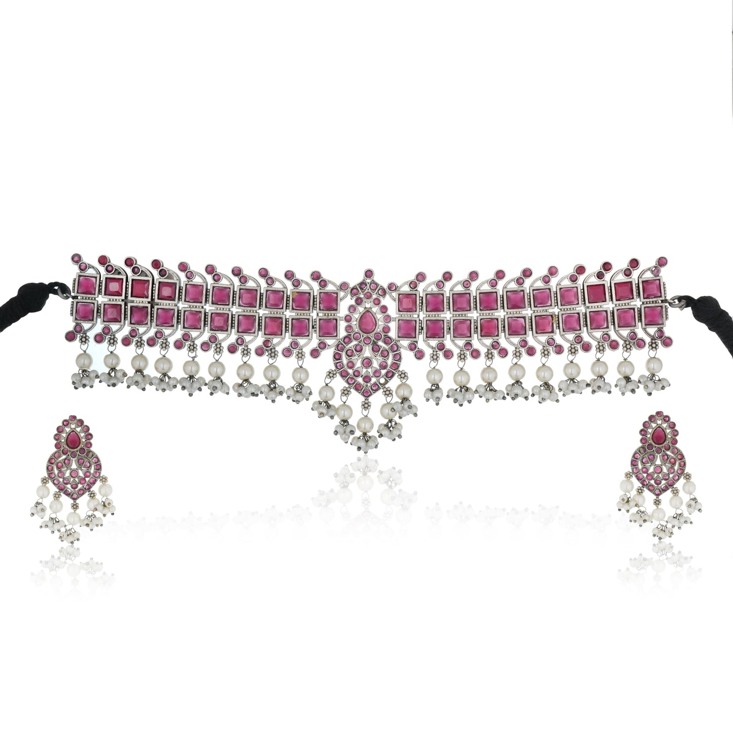 PINK STONE-STUDDED OXIDIZED CHOKER SET WITH MATCHING EARRINGS.