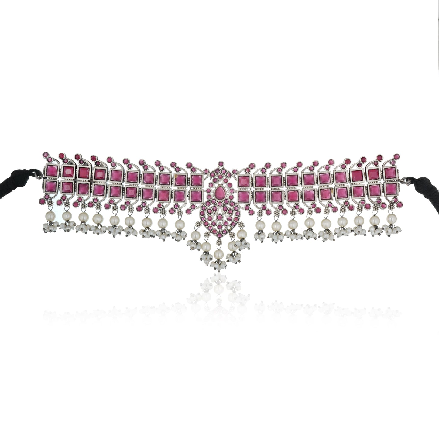 PINK STONE-STUDDED OXIDIZED CHOKER SET WITH MATCHING EARRINGS.