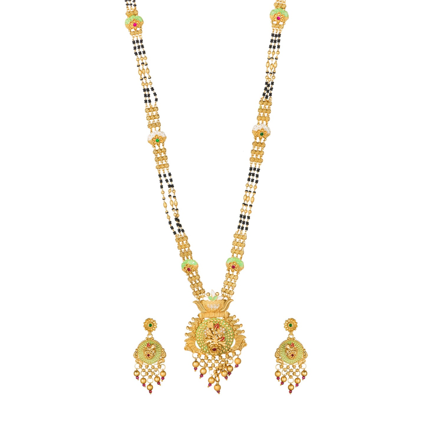 FLORAL DESIGN STUDDED GOLD-TONE MANGALSUTRA WITH BLACK BEADS AND MATCHING EARRINGS.