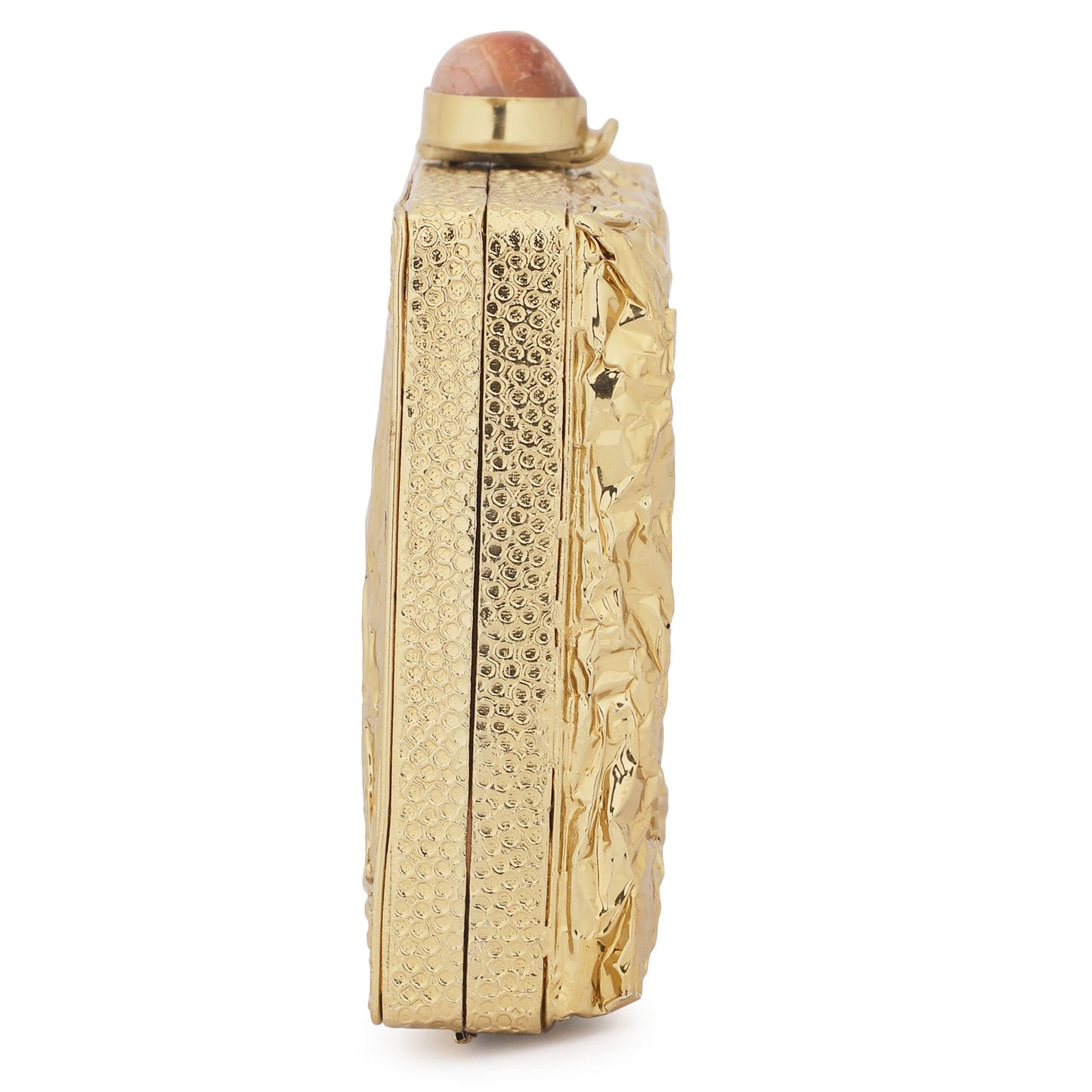 ADD A TOUCH OF LUXURY WITH THIS DESIGNER BRASS MOP CLUTCH, ADORNED WITH SPARKLING ZIRCON STONES.