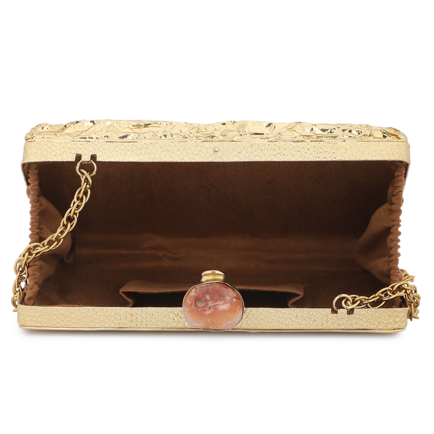 ADD A TOUCH OF LUXURY WITH THIS DESIGNER BRASS MOP CLUTCH, ADORNED WITH SPARKLING ZIRCON STONES.