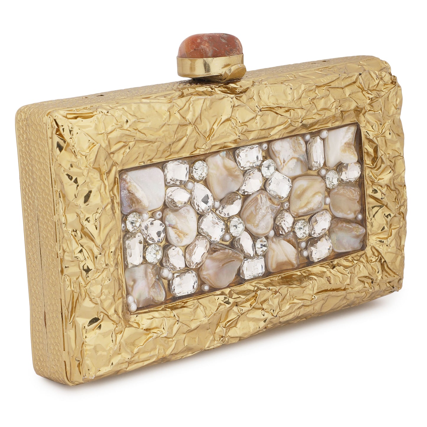 ADD A TOUCH OF LUXURY WITH THIS DESIGNER BRASS MOP CLUTCH, ADORNED WITH SPARKLING ZIRCON STONES.