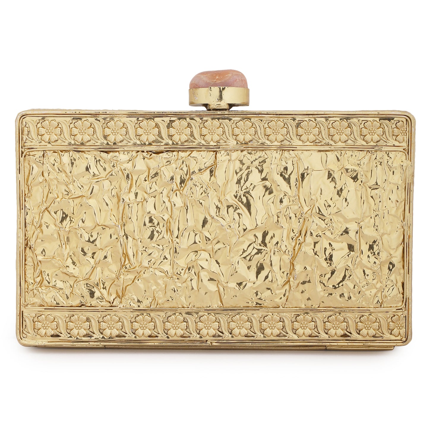 ADD A TOUCH OF LUXURY WITH THIS DESIGNER BRASS MOP CLUTCH, ADORNED WITH SPARKLING ZIRCON STONES.