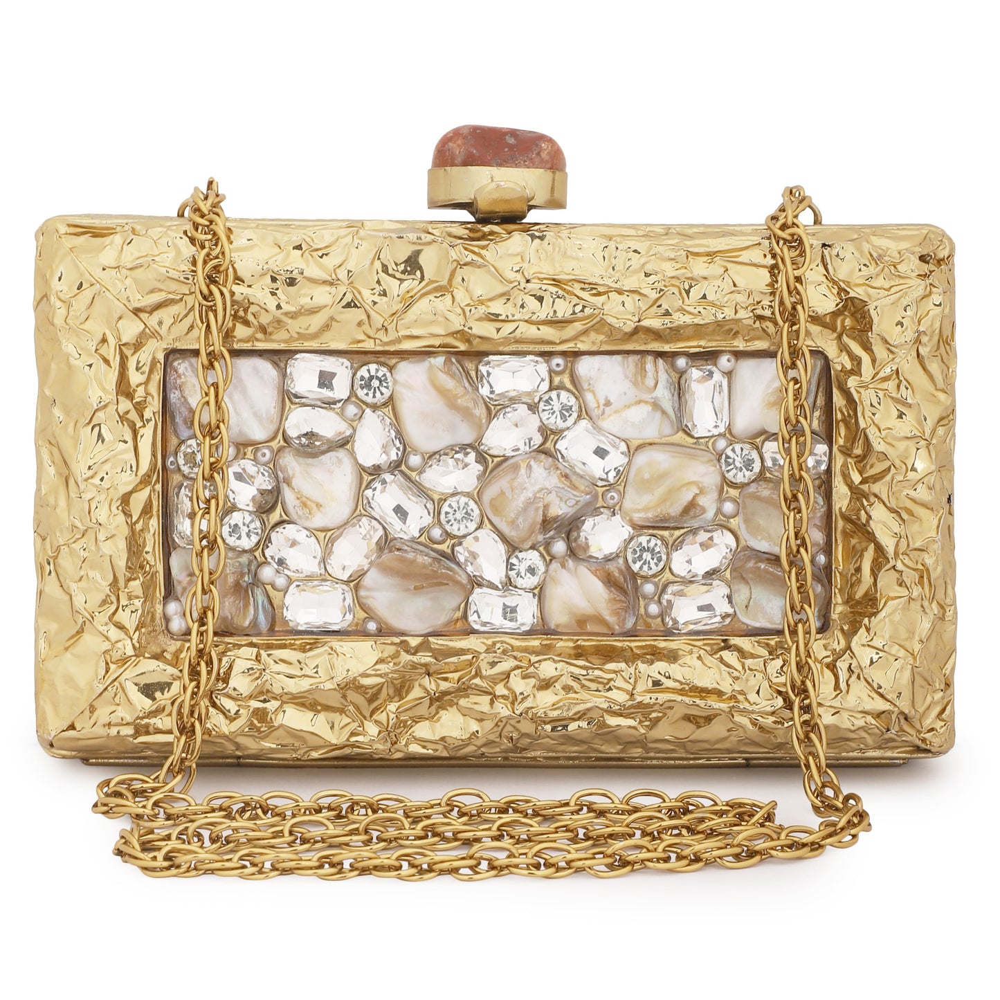 ADD A TOUCH OF LUXURY WITH THIS DESIGNER BRASS MOP CLUTCH, ADORNED WITH SPARKLING ZIRCON STONES.