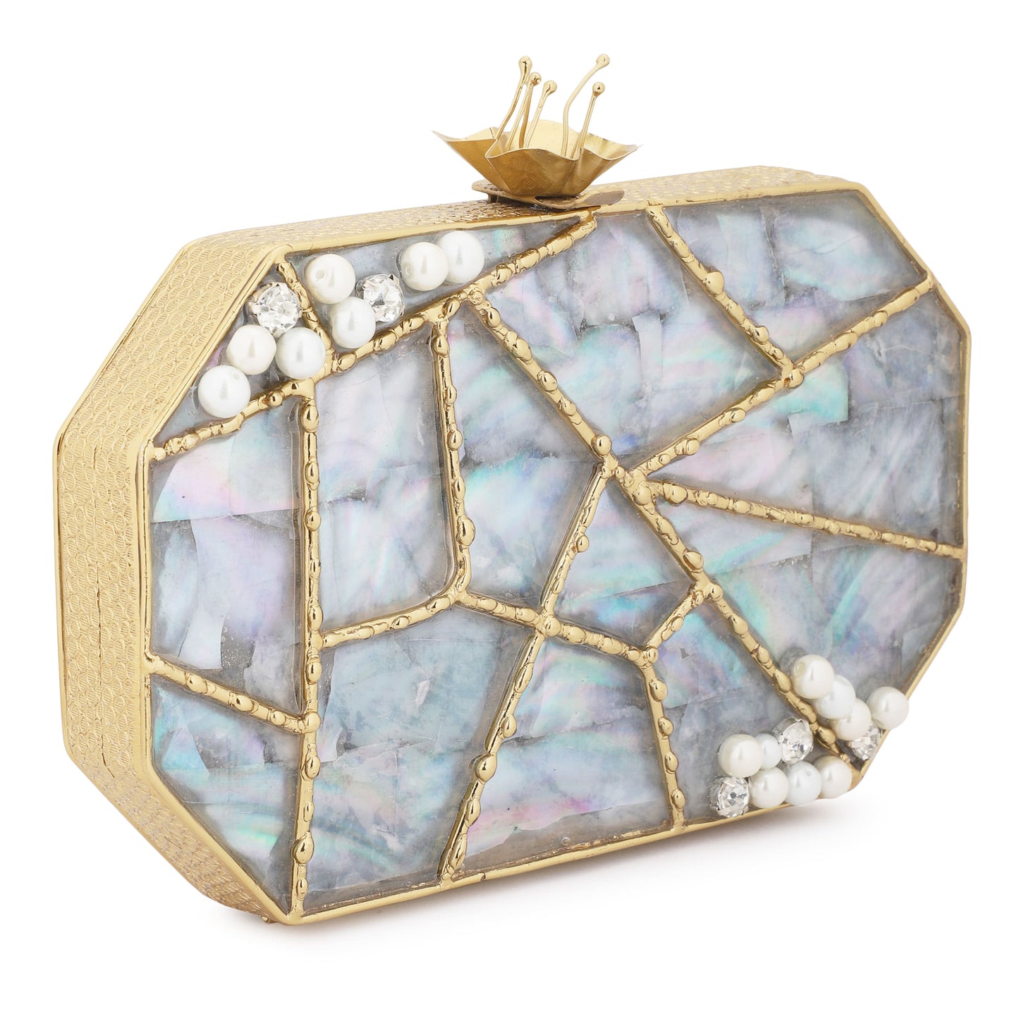 "ELEVATE YOUR STYLE WITH THIS DESIGNER HEXAGONAL-SHAPED MOP CLUTCH.