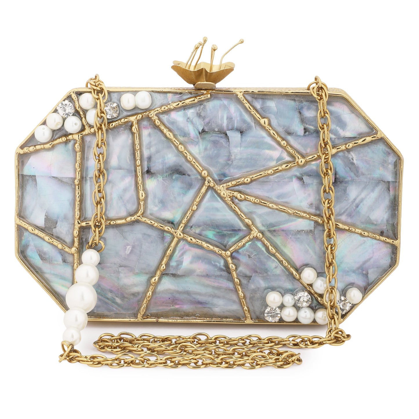 "ELEVATE YOUR STYLE WITH THIS DESIGNER HEXAGONAL-SHAPED MOP CLUTCH.