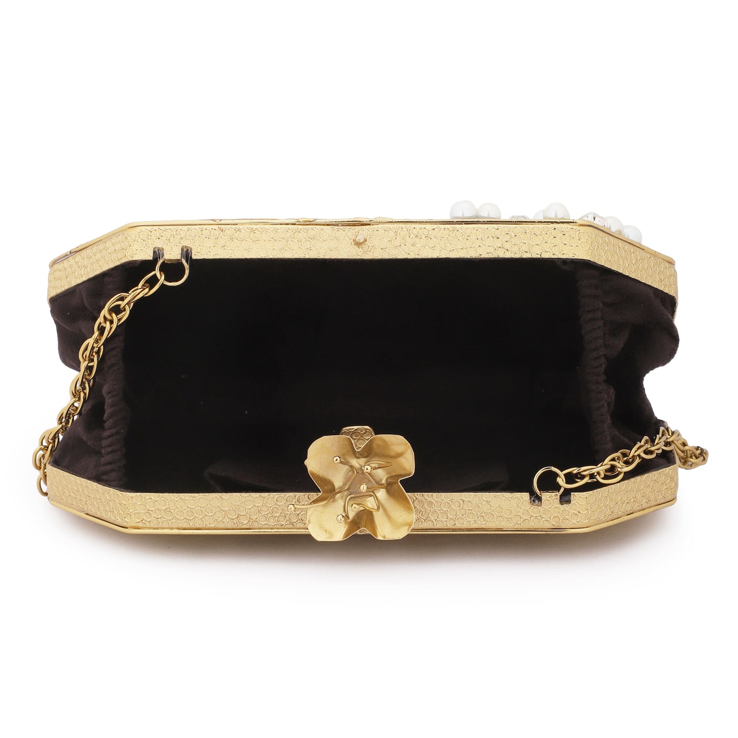 "ELEVATE YOUR STYLE WITH THIS DESIGNER HEXAGONAL-SHAPED MOP CLUTCH.