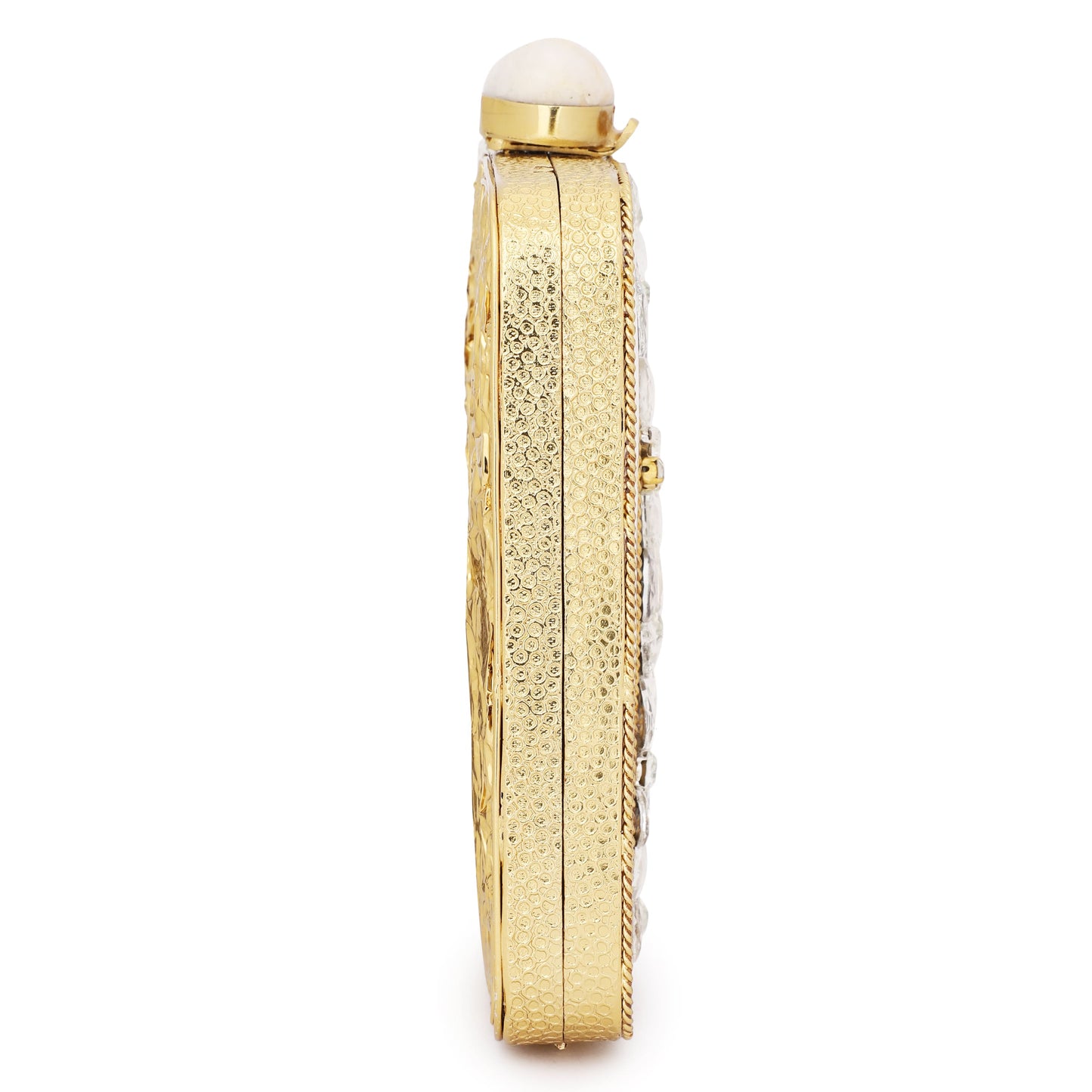 STYLISHLY CRAFTED, THIS OVAL-SHAPED BRASS MOP CLUTCH OFFERS A SLEEK, ELEGANT DESIGN WITH A TOUCH OF LUXURY.