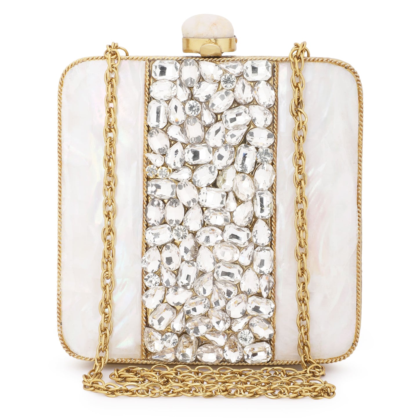 SHINE WITH ELEGANCE IN THIS MOTHER OF PEARL CLUTCH, STUDDED WITH ZIRCON STONES AND COMPLEMENTED BY A CHIC SLING CHAIN.