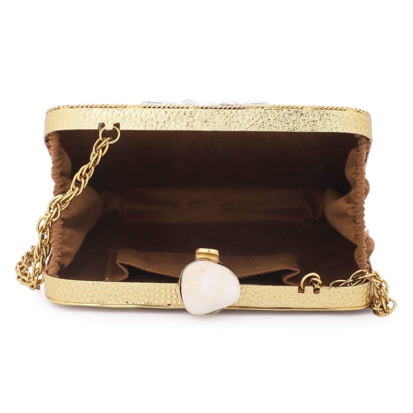 SHINE WITH ELEGANCE IN THIS MOTHER OF PEARL CLUTCH, STUDDED WITH ZIRCON STONES AND COMPLEMENTED BY A CHIC SLING CHAIN.