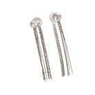 "Trendy zircon and stainless steel long earrings combine modern chic with sparkling elegance."
