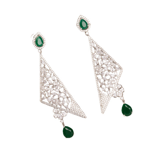 "Vibrant green zircon dangler earrings radiate rich, emerald-like sparkle and elegance."
