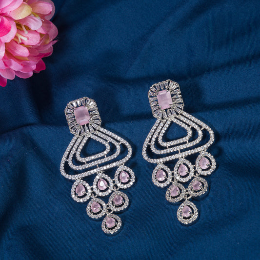 "GRACEFUL PINK LONG ZIRCON EARRINGS SHIMMER WITH TIMELESS ELEGANCE AND SOPHISTICATION."