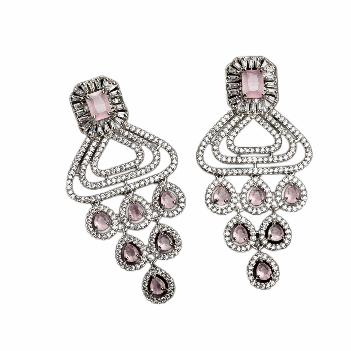 "GRACEFUL PINK LONG ZIRCON EARRINGS SHIMMER WITH TIMELESS ELEGANCE AND SOPHISTICATION."