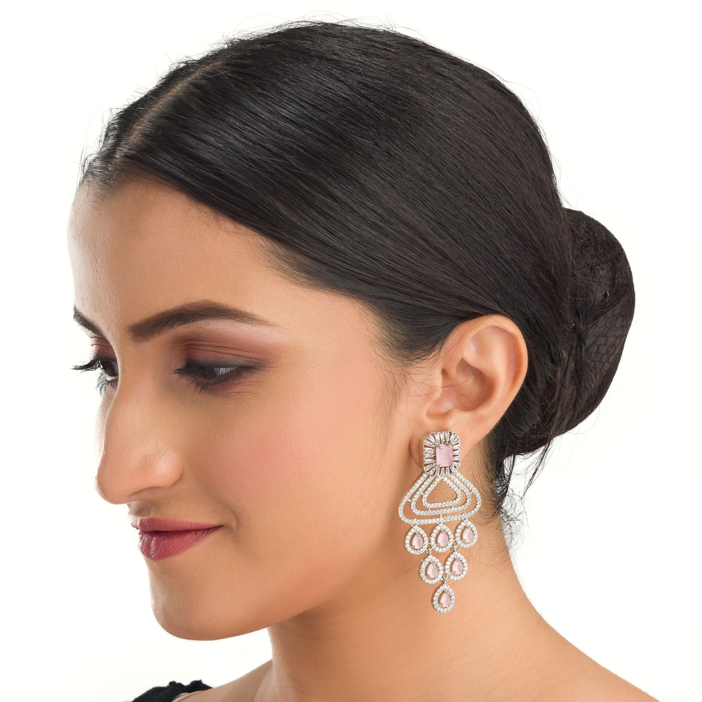 "GRACEFUL PINK LONG ZIRCON EARRINGS SHIMMER WITH TIMELESS ELEGANCE AND SOPHISTICATION."