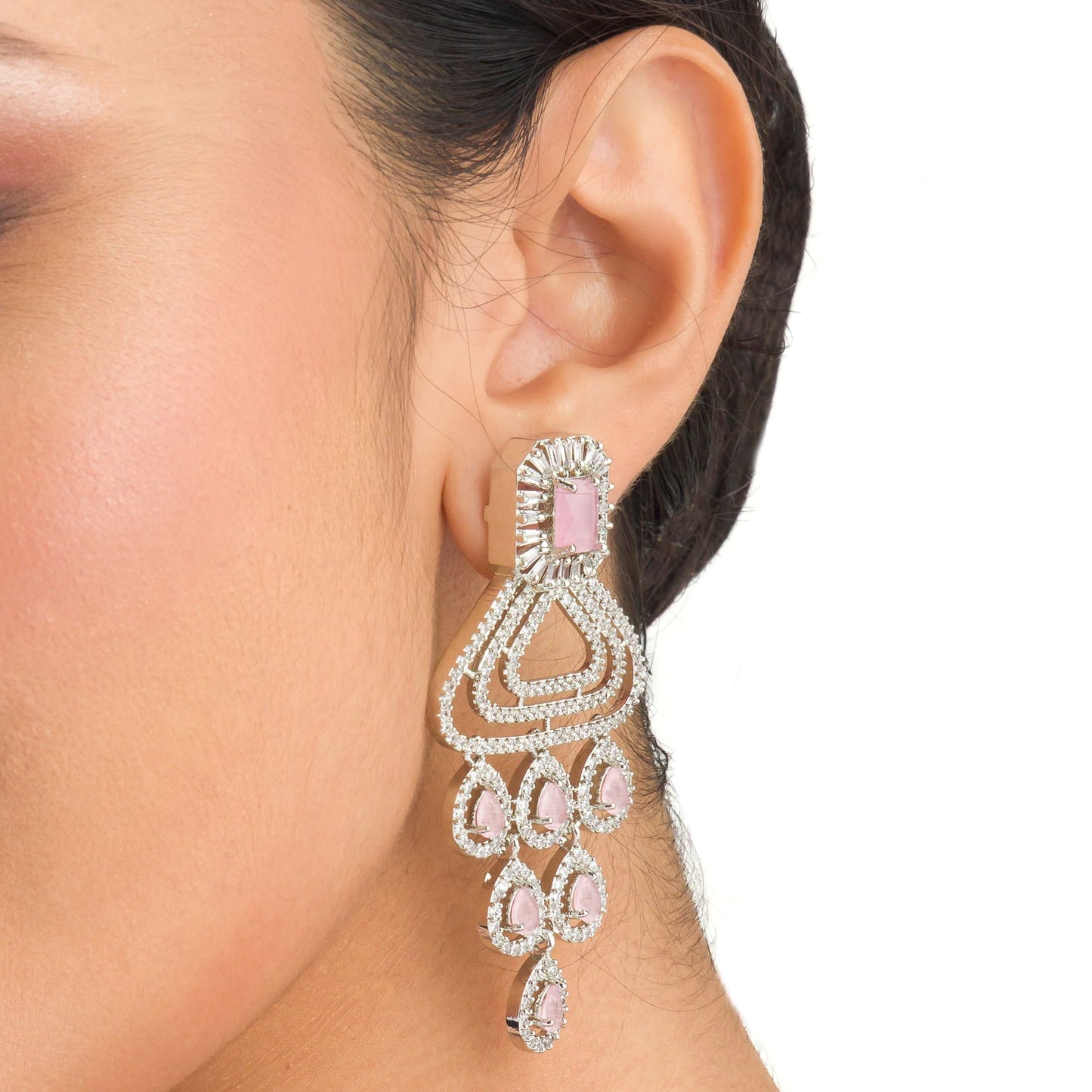 "GRACEFUL PINK LONG ZIRCON EARRINGS SHIMMER WITH TIMELESS ELEGANCE AND SOPHISTICATION."