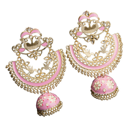 A PINK BIG JHUMKA FEATURES VIBRANT, OVERSIZED DESIGN WITH INTRICATE DETAILING, ADDING A BOLD AND ELEGANT TOUCH TO ANY OUTFIT.