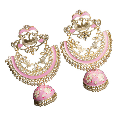 "Oversized pink jhumka with intricate detailing adds a bold, elegant touch to any outfit."
