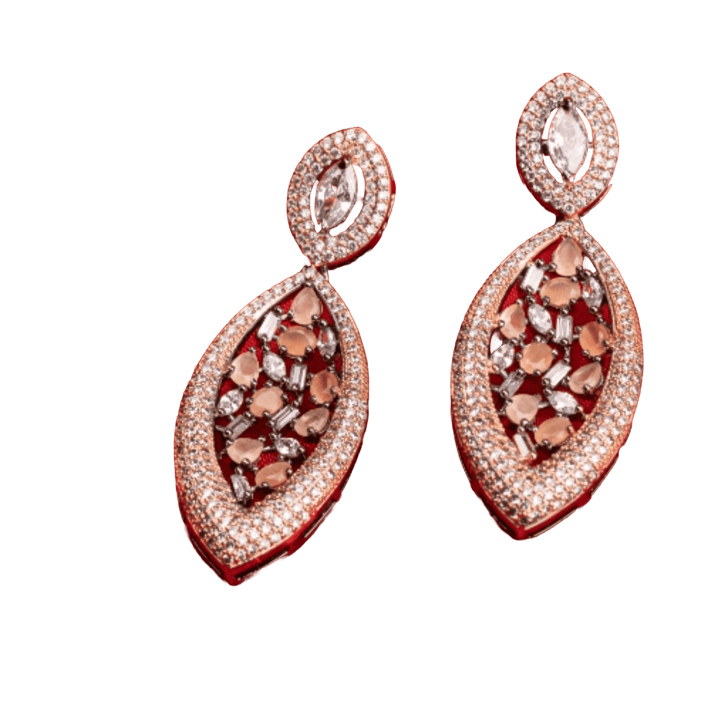 "ROSE GOLD EARRINGS WITH SALMON ZIRCON EXUDE A WARM, RADIANT CHARM THAT'S BOTH SOPHISTICATED AND ENCHANTING."