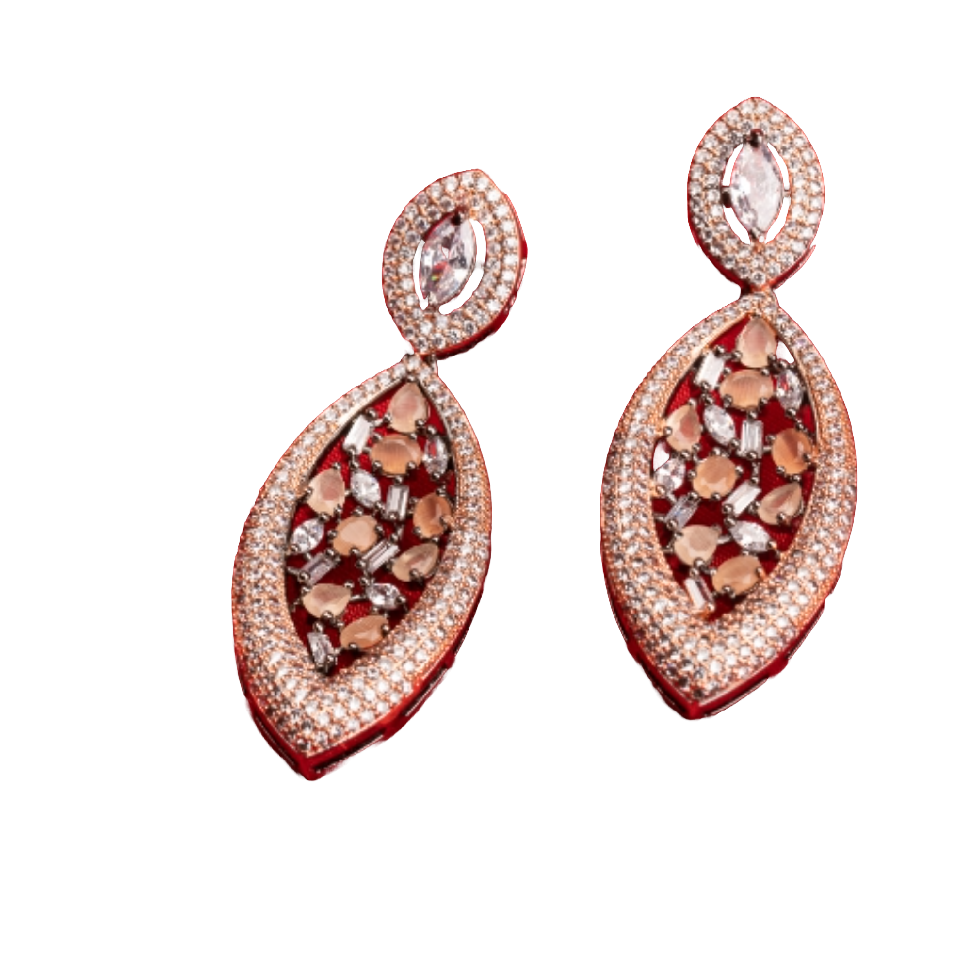 1. "Rose gold earrings with salmon zircon exude warm, radiant charm with sophisticated elegance."
