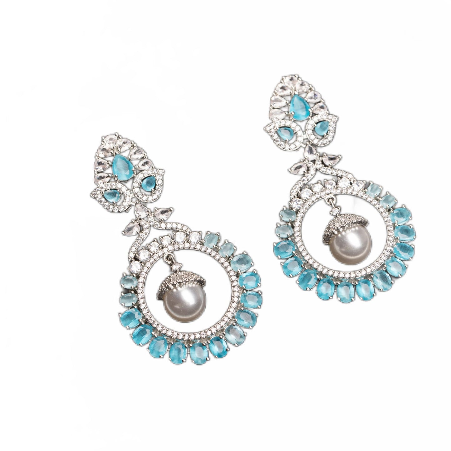 "STUNNING ZIRCON EARRINGS WITH A CAPTIVATING AQUA HUE ADD A TOUCH OF ELEGANCE AND SPARKLE TO ANY OUTFIT."