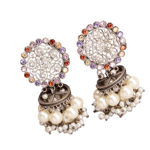 "OXIDIZED EARRINGS WITH MULTI-COLOR STONES AND PEARLS ADD A VIBRANT, BOHEMIAN TOUCH."