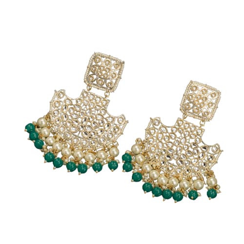 "KUNDAN EARRING SET WITH GREEN AND WHITE PEARLS OFFERS A REGAL, TIMELESS ALLURE."