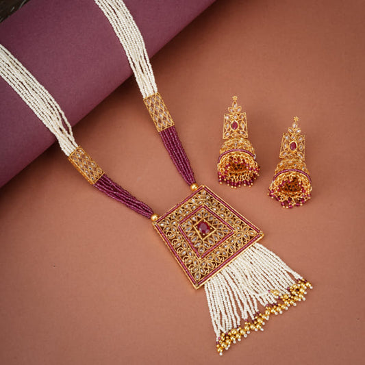 KUNDAN AND SMALL BEADS STUDDED GOLDTONE LONG NECKLACE SET