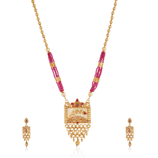 "Long temple necklace with multi-colored pearls adds vibrant, sophisticated flair."
