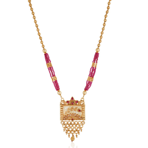 "Long temple necklace with multi-colored pearls adds vibrant, sophisticated flair."
