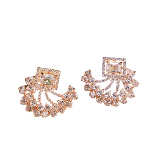 "ROSE GOLD ZIRCON EARRINGS OFFER A CHIC, LUSTROUS SPARKLE WITH A TOUCH OF REFINED GLAMOUR."