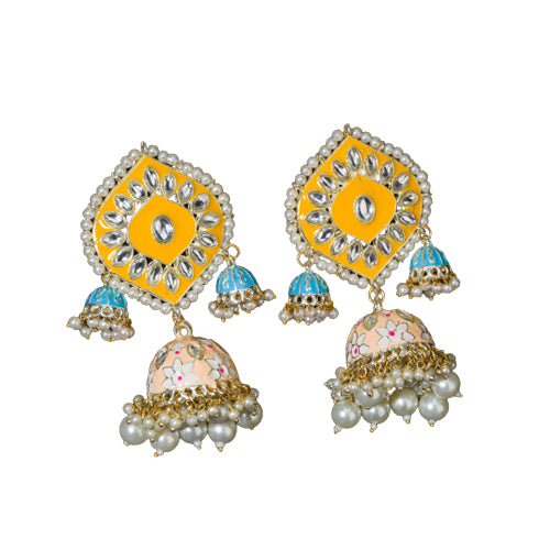 "Yellow and blue gold jhumka earrings blend bold colors with classic elegance for a striking look."
