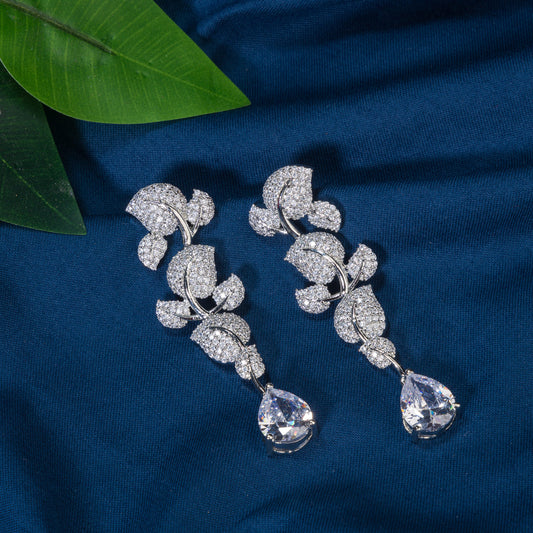 LEAF DESIGN CRAFTED ZIRCON EARRINGS OFFER A TOUCH OF NATURE WITH SPARKLING ZIRCON ACCENTS.