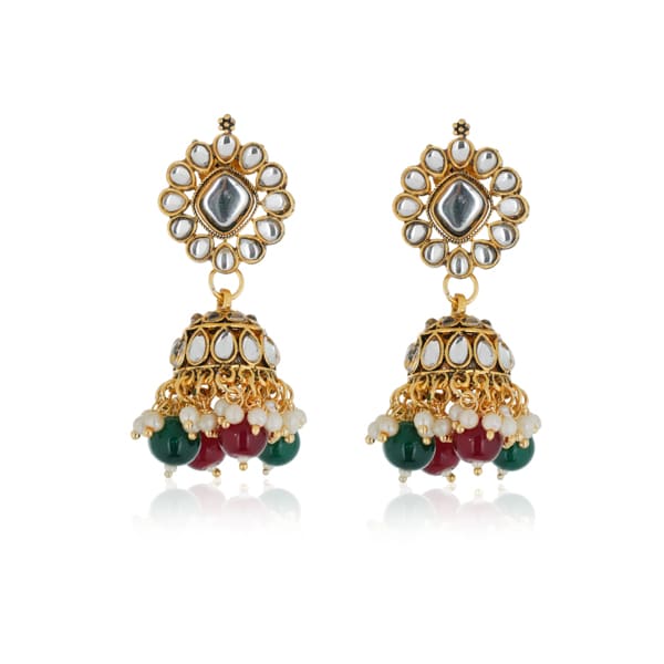 KUNDAN AND MULTICOLOUR PEARLS STUDDED NECKLACE SET WITH MATCHING EARRINGS AND MAANGTIKA