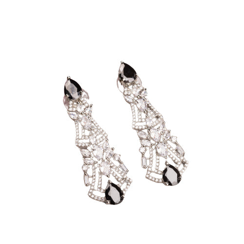 1. "Zircon earrings with black accents create a dramatic, elegant contrast."
