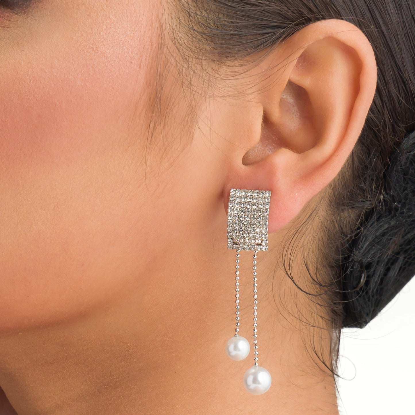 ZIRCON STUDDED DROP EARRINGS  WITH PEARLS HANGING