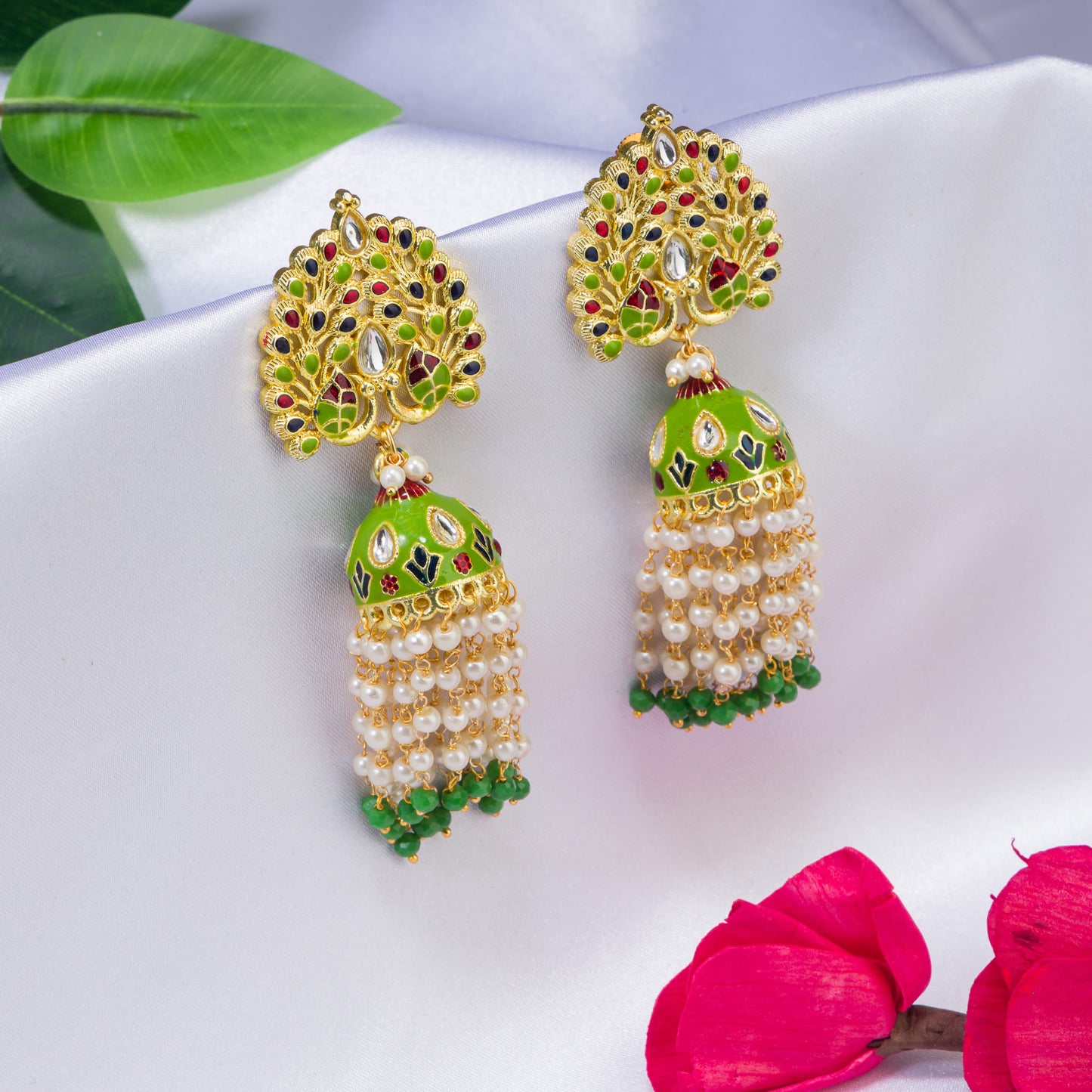 GOLDTONE MEENAKARI  JHUMKA WITH WHITE PEARLS