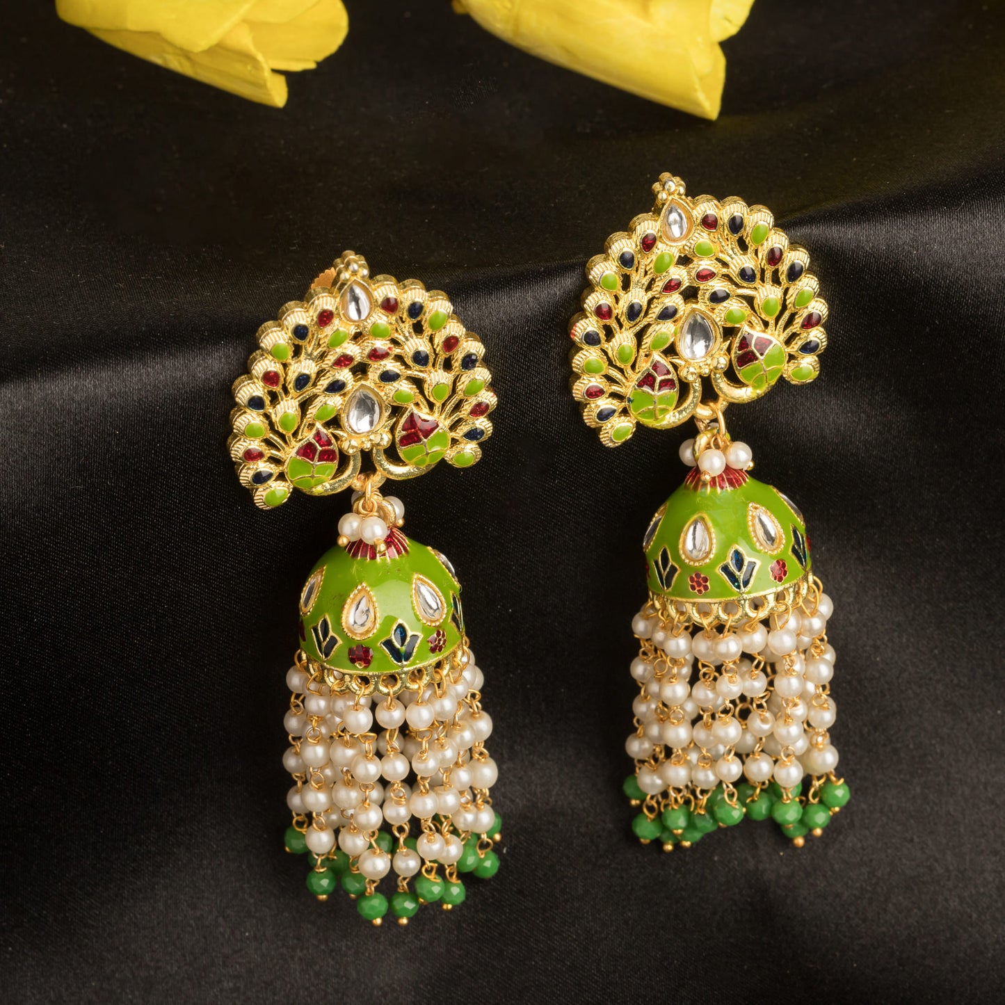 GOLDTONE MEENAKARI  JHUMKA WITH WHITE PEARLS