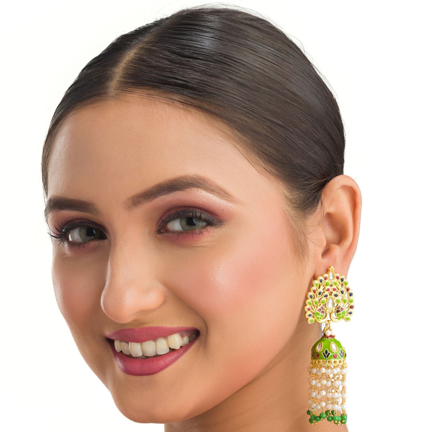 GOLDTONE MEENAKARI  JHUMKA WITH WHITE PEARLS