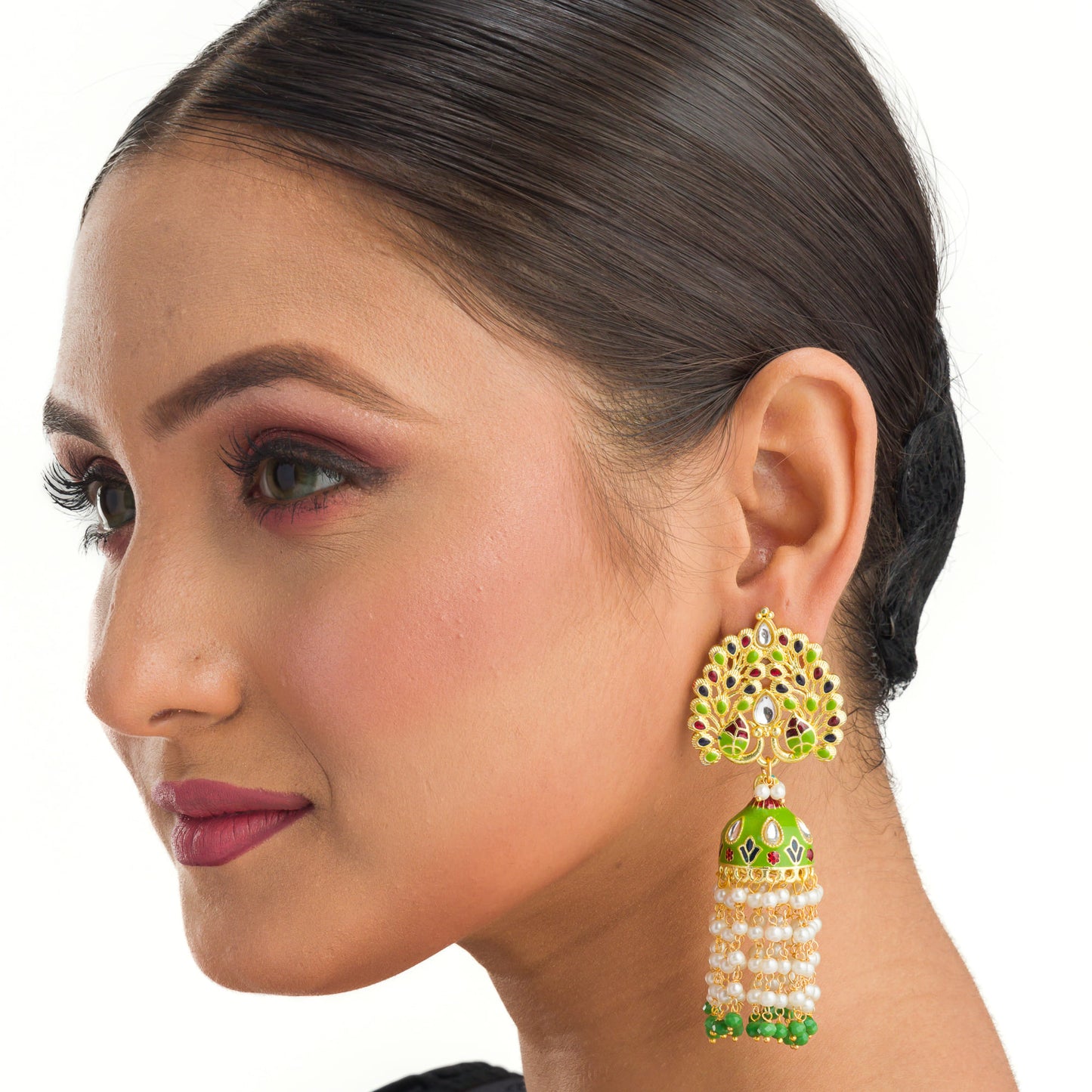 GOLDTONE MEENAKARI  JHUMKA WITH WHITE PEARLS