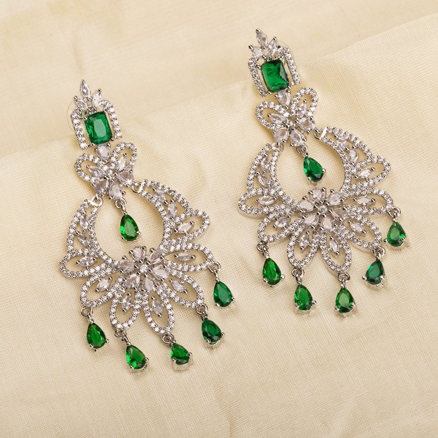 GREEN AND WHITE ZIRCON STUDDED EARRING SET